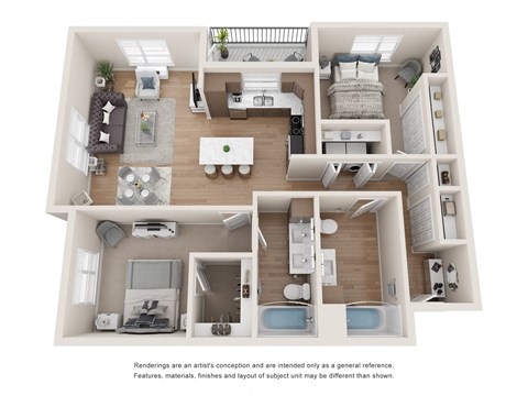 Floor plan for 2 beds, 2 baths, 1076 sqft